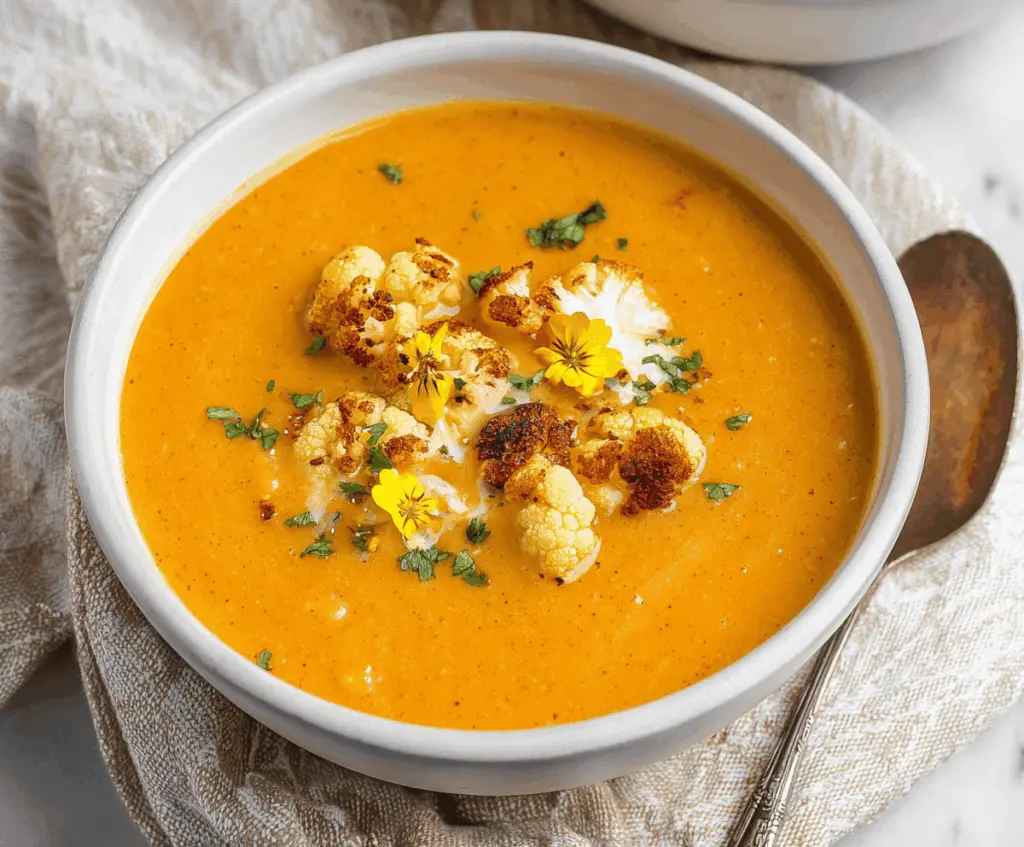 Creamy sweet potato and cauliflower soup served in a bowl, garnished with fresh herbs.