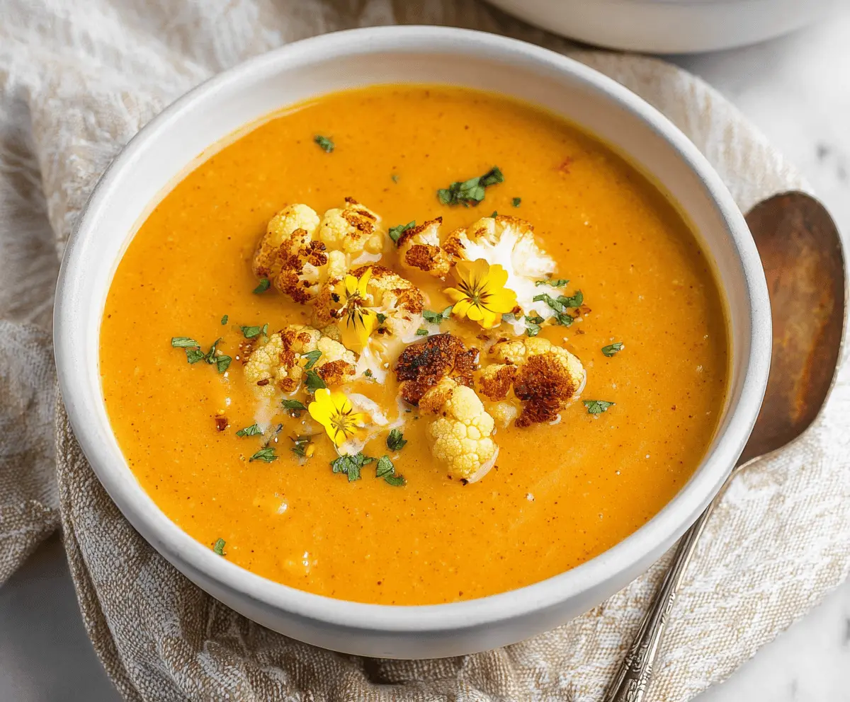 Creamy sweet potato and cauliflower soup served in a bowl, garnished with fresh herbs.