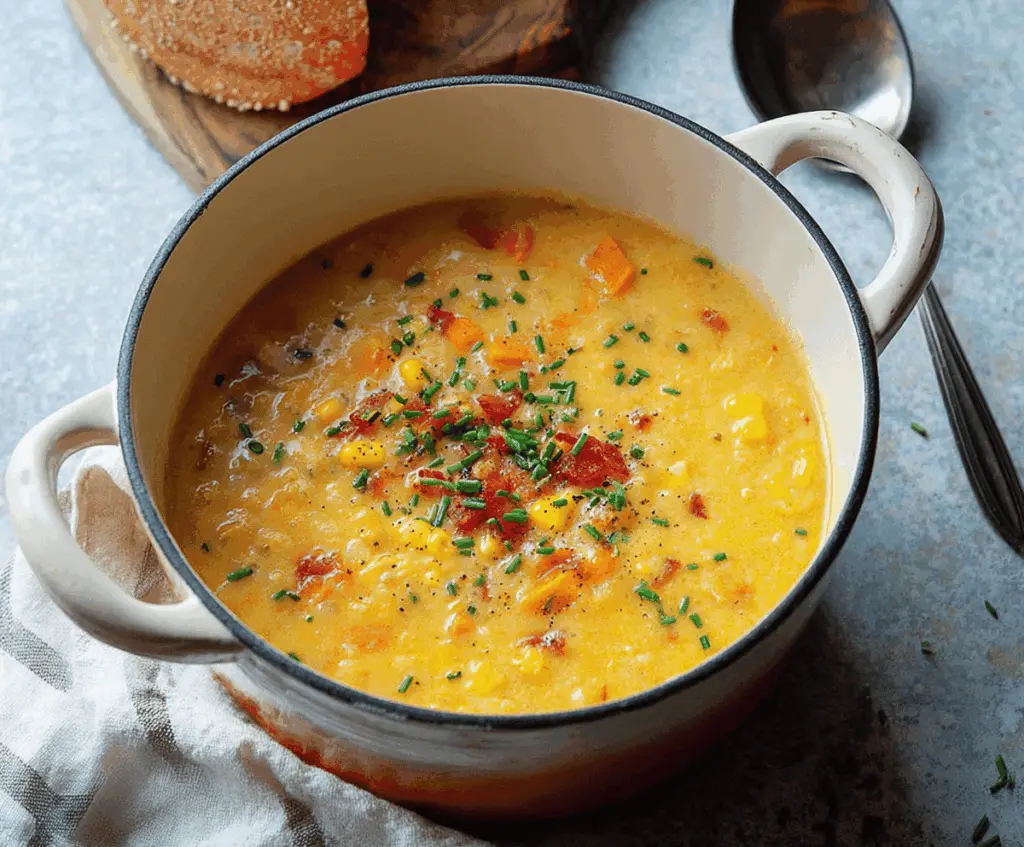 Creamy sweet potato and corn chowder in a bowl, garnished with fresh herbs, perfect for a hearty vegetarian meal.