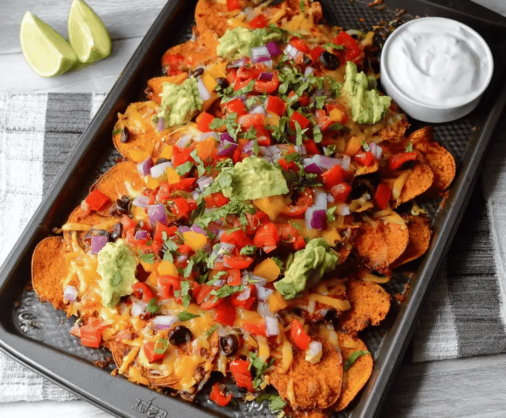 Delicious sweet potato loaded nachos topped with cheese, jalapenos, and fresh cilantro for a flavorful snack.