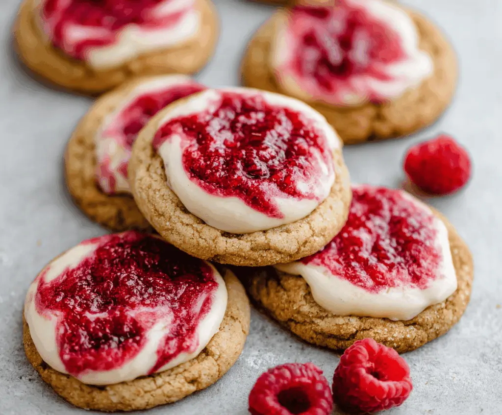Delicious swirled raspberry cheesecake cookies with vibrant pink raspberry swirls and creamy cheesecake filling.