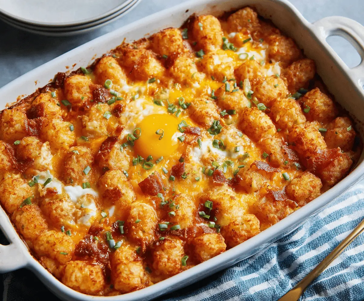 Delicious Tater Tot Egg Breakfast Casserole topped with melted cheese and fresh herbs.