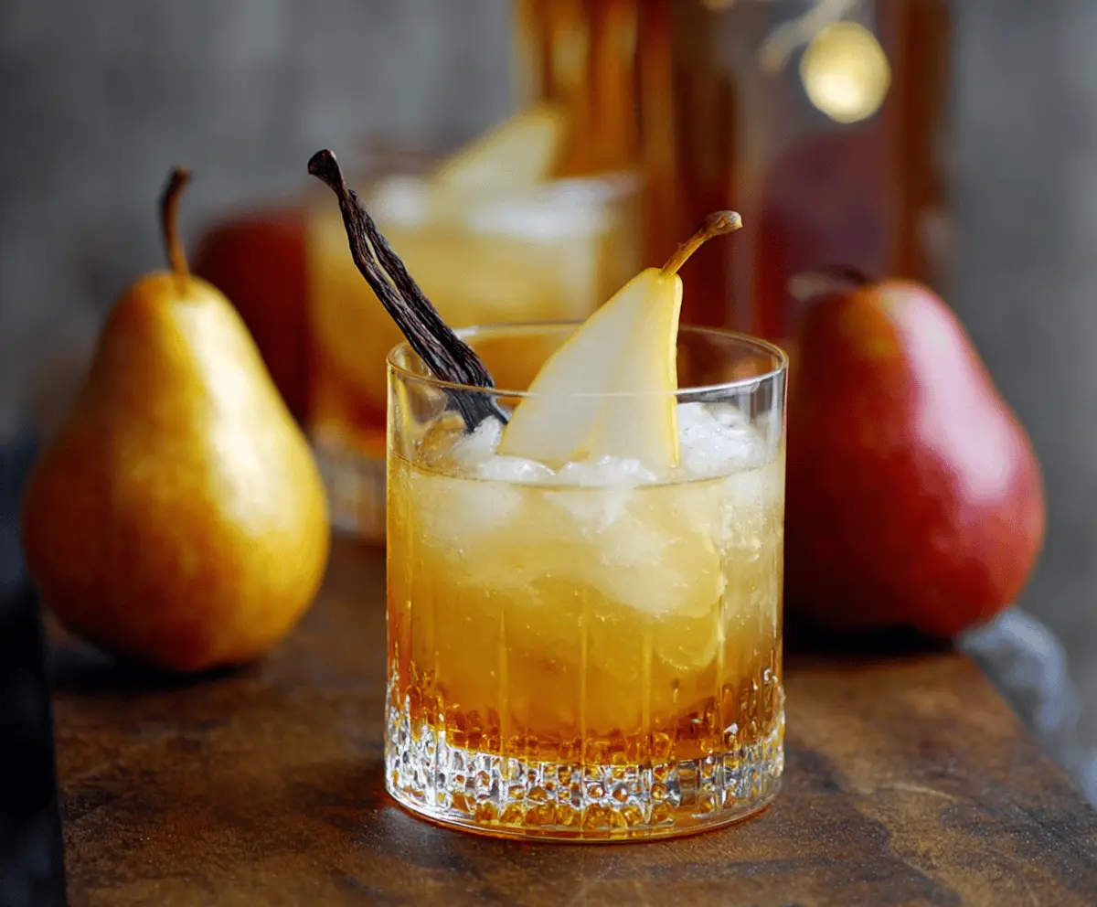 Delicious Vanilla Pear Bourbon Cocktail garnished with a pear slice in a stylish glass
