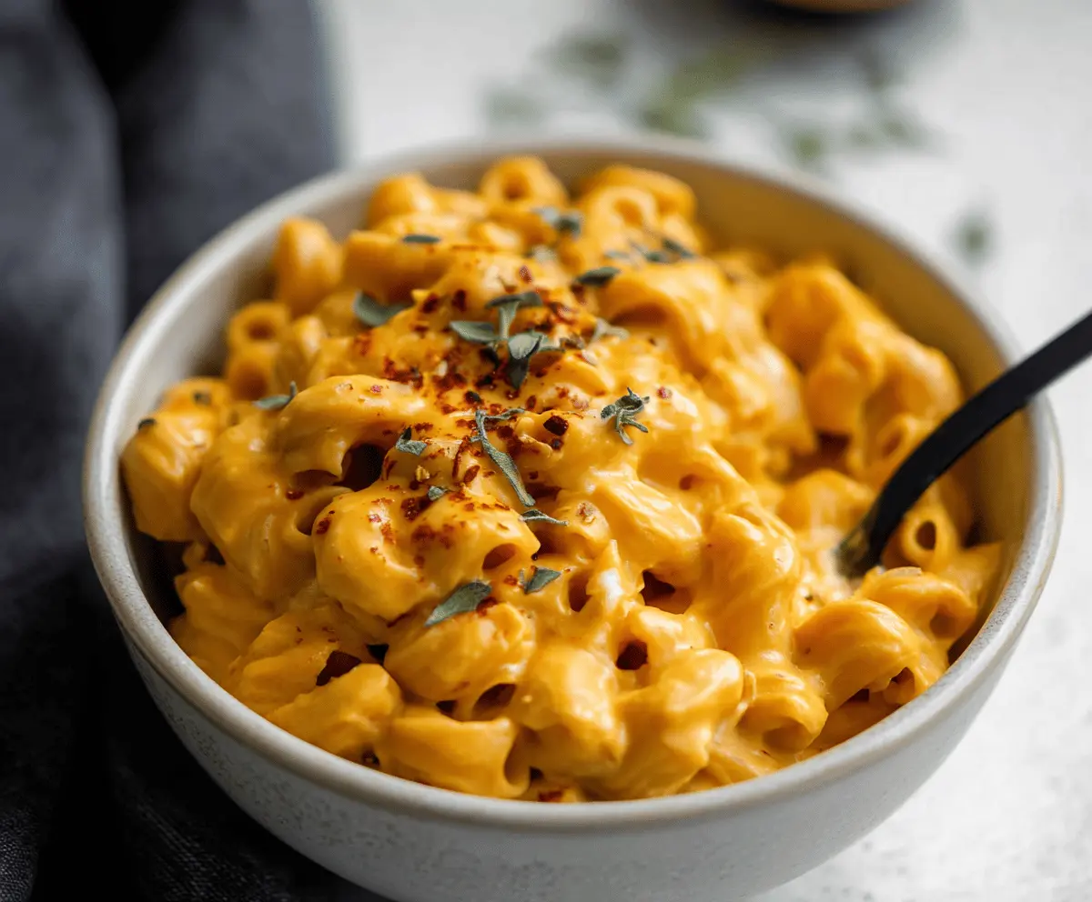 Creamy vegan sweet potato mac and cheese in a rustic bowl, garnished with fresh herbs.