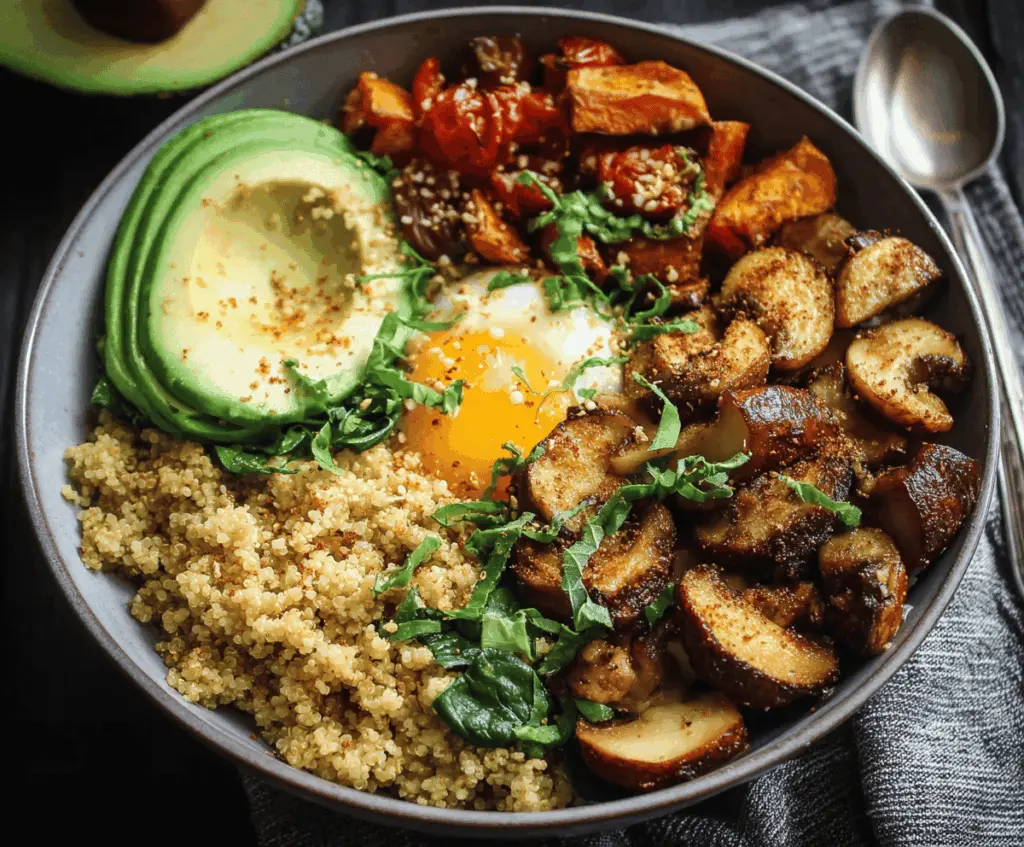Colorful veggie breakfast bowl with fresh vegetables, eggs, and herbs for a healthy start to the day