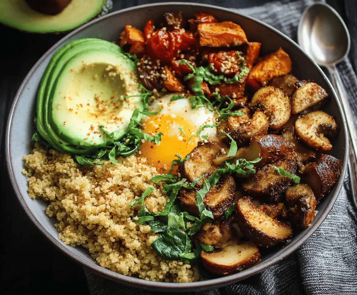 Colorful veggie breakfast bowl with fresh vegetables, eggs, and herbs for a healthy start to the day