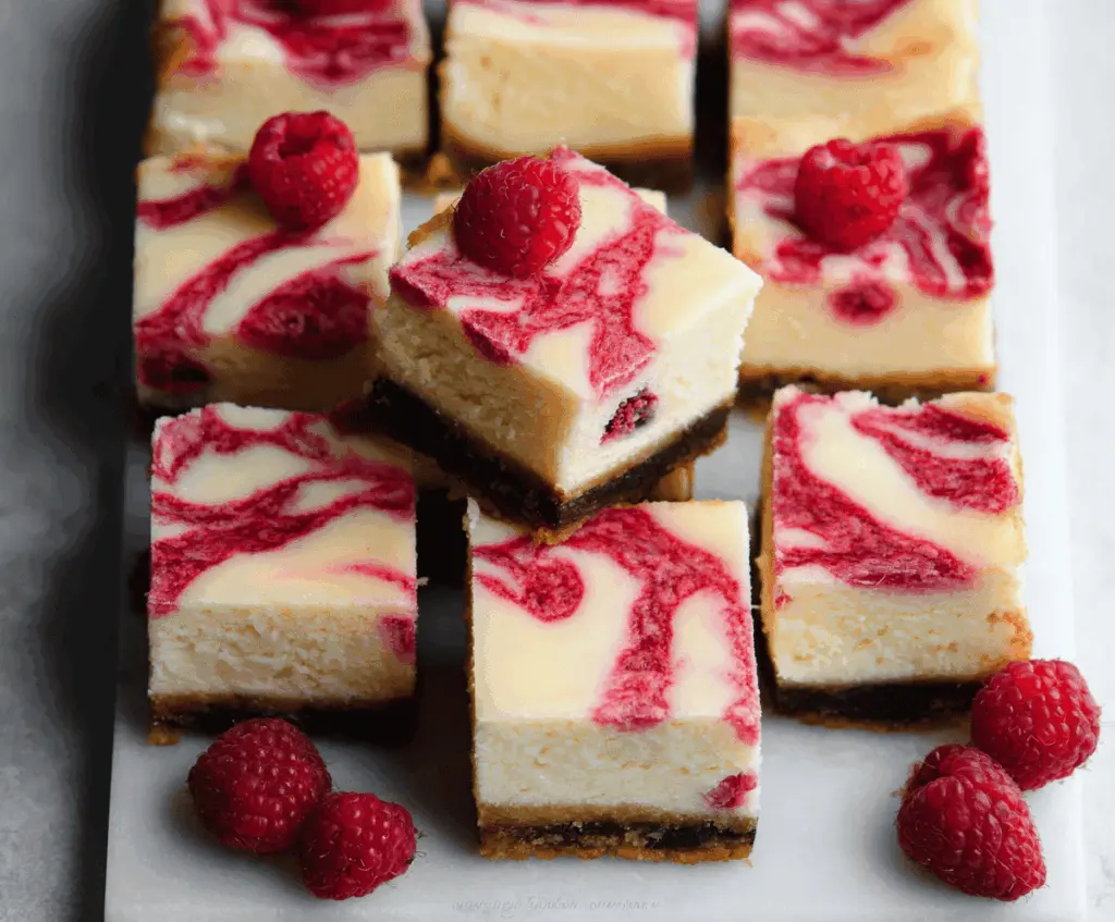 Delicious white chocolate raspberry cheesecake bars on a plate with fresh raspberries and white chocolate shavings.