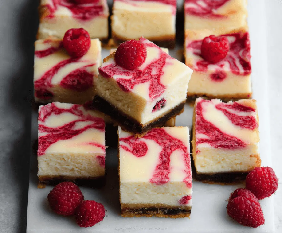 Delicious white chocolate raspberry cheesecake bars on a plate with fresh raspberries and white chocolate shavings.