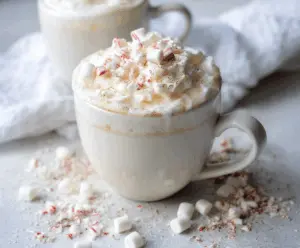 Creamy white hot chocolate topped with whipped cream and marshmallows, perfect for a cozy winter treat.