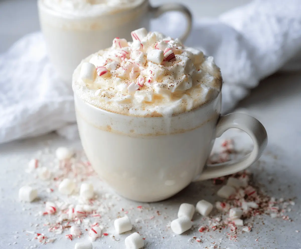 Creamy white hot chocolate topped with whipped cream and marshmallows, perfect for a cozy winter treat.