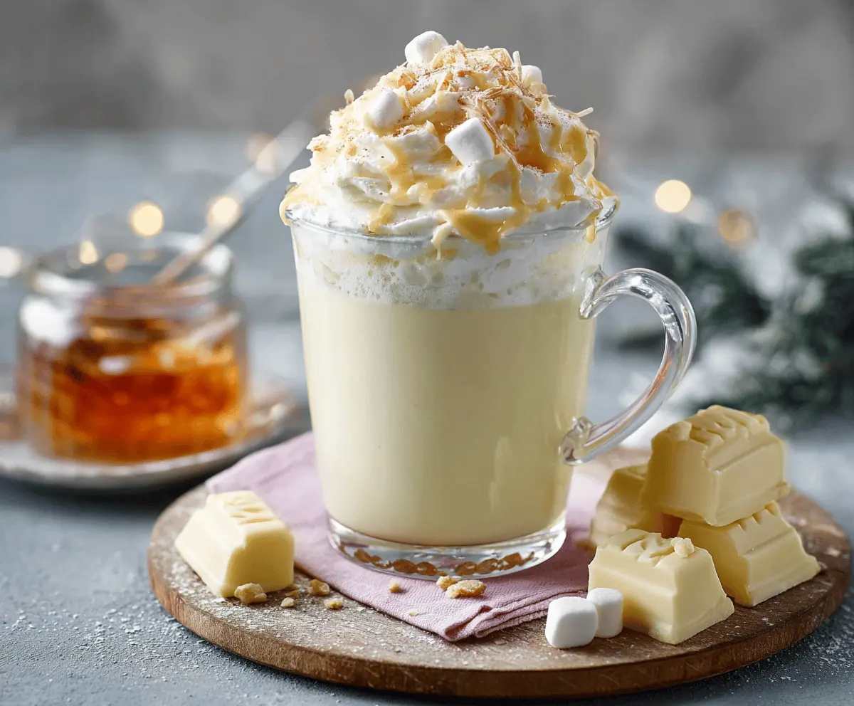 Creamy white hot chocolate topped with whipped cream and marshmallows in a cozy mug.