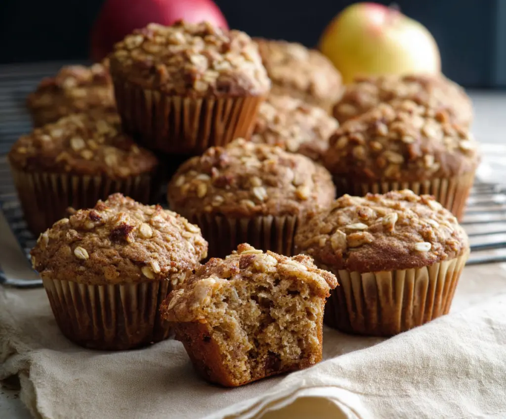 Delicious apple cinnamon oat muffins on a baking tray, perfect for breakfast or snack time.