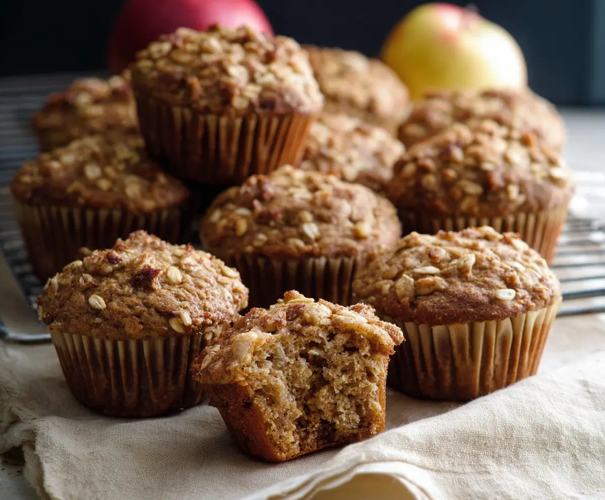 Delicious apple cinnamon oat muffins on a baking tray, perfect for breakfast or snack time.
