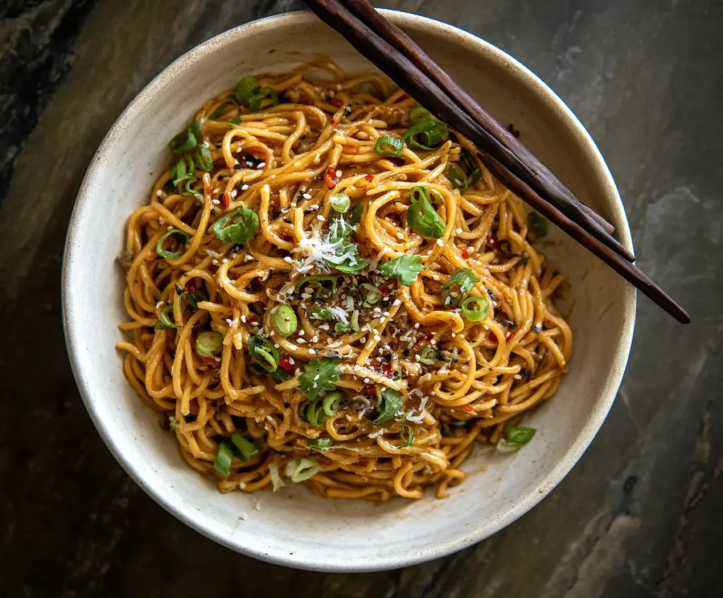Delicious Asian Garlic Noodles garnished with chopped green onions on a white plate.