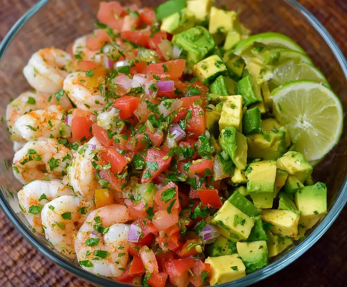 Fresh avocado salsa shrimp salad served in a bowl, highlighting vibrant colors and healthy ingredients.