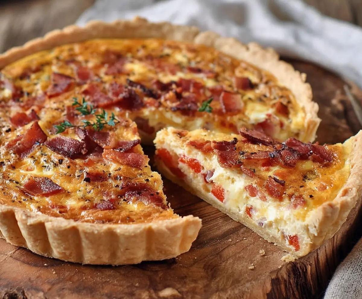 Delicious bacon and cheese quiche with a golden crust and savory filling, perfect for breakfast or brunch.