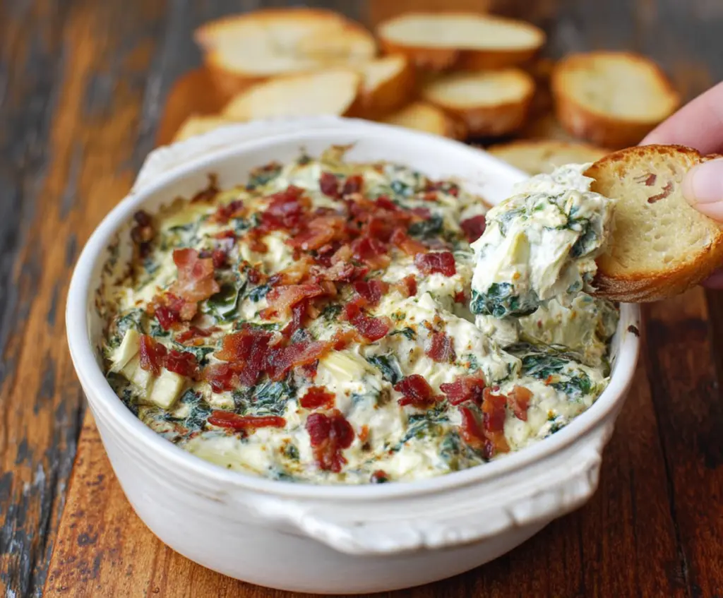Creamy bacon spinach artichoke dip served in a bowl, perfect for parties and snacks.