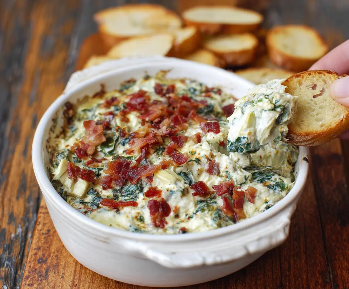 Creamy bacon spinach artichoke dip served in a bowl, perfect for parties and snacks.