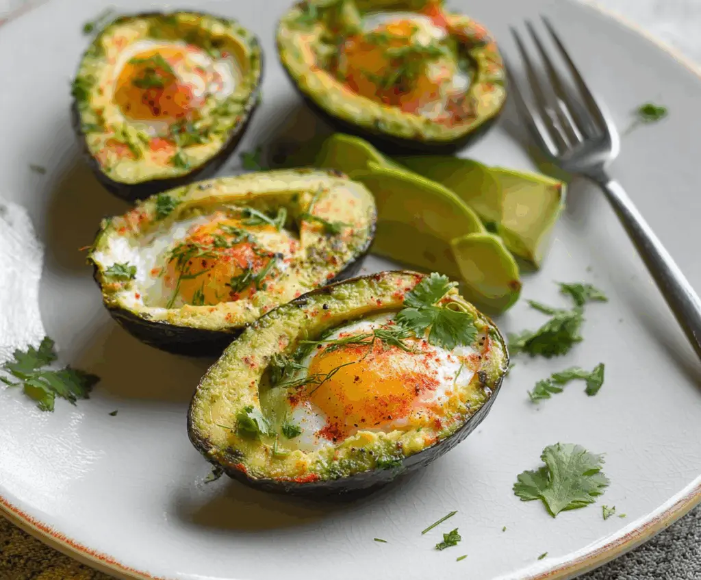 Delicious baked avocado egg boats in a near-empty ramekin, showcasing a healthy breakfast option.