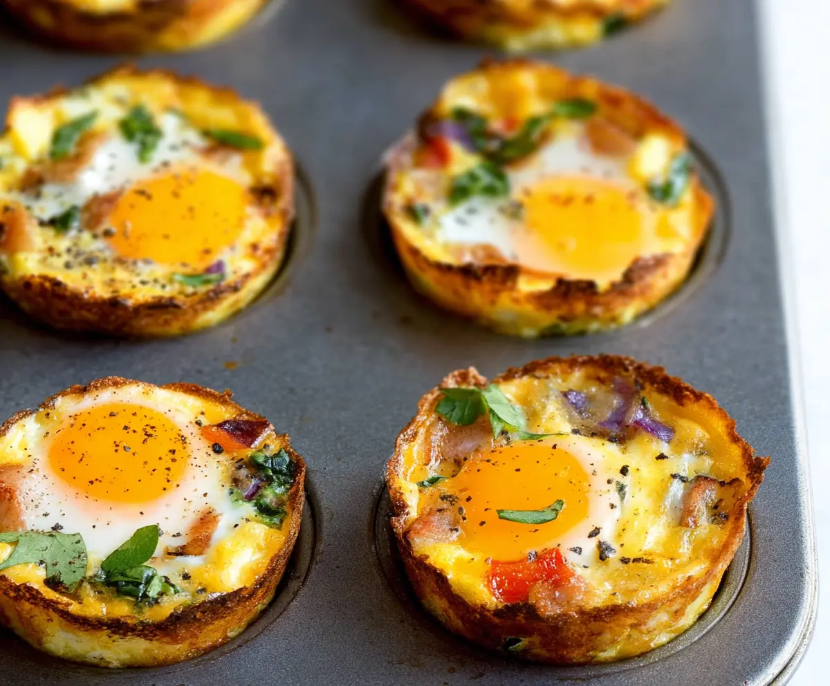 Delicious baked egg breakfast cups with vegetables and cheese in muffin tins.