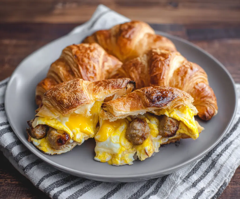 Delicious baked sausage, egg, and cheese croissant fresh out of the oven.