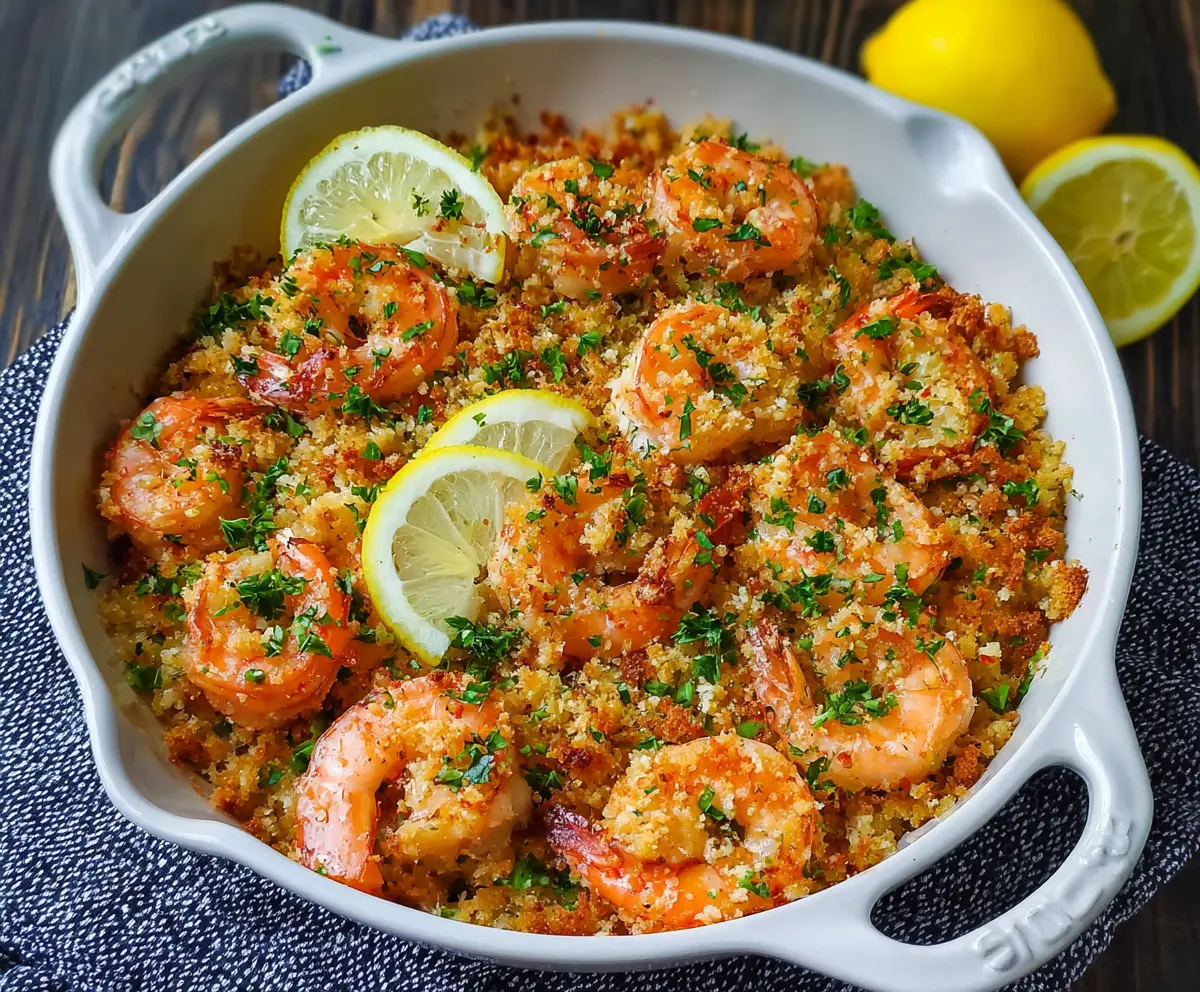 Delicious baked shrimp scampi topped with crispy breadcrumbs on a white plate