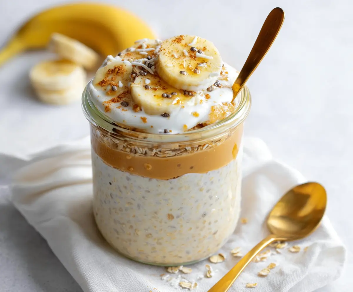 Healthy Banana Cream Pie Protein Overnight Oats in a glass jar, topped with sliced bananas and whipped cream.