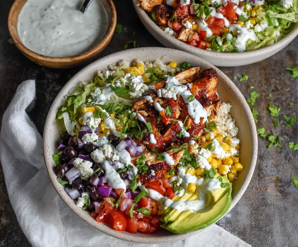 Delicious BBQ Chicken Ranch Bowl with grilled chicken, fresh vegetables, and creamy ranch dressing on a plate.