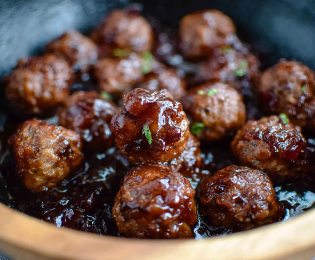 Delicious BBQ grape jelly meatballs served on a plate, perfect for appetizers or parties.