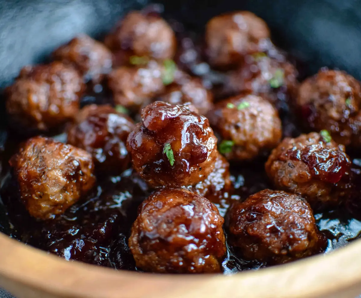 Delicious BBQ grape jelly meatballs served on a plate, perfect for appetizers or parties.