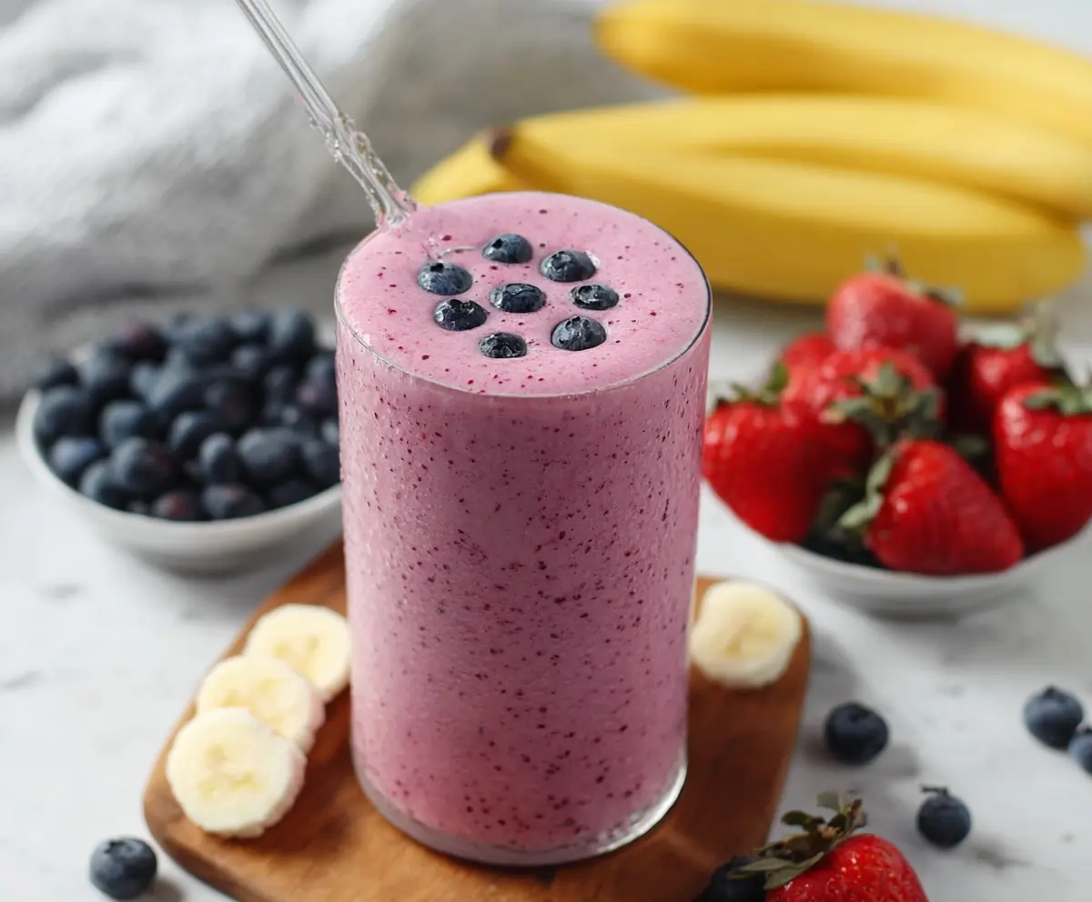Refreshing Berry Banana Smoothie in a glass with fresh berries and banana slices