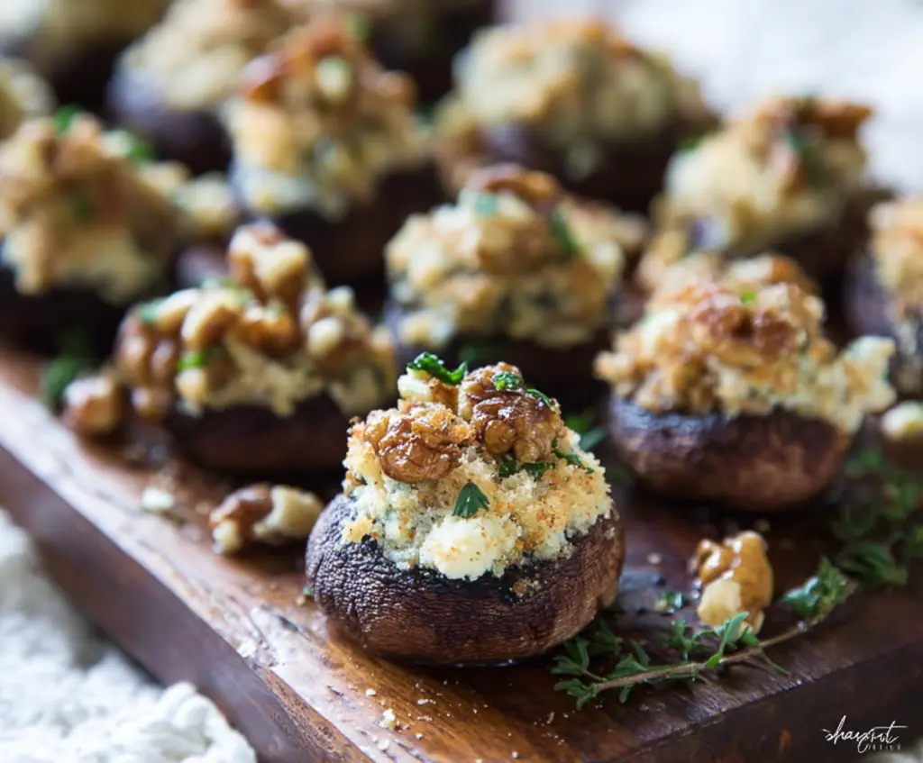 Delicious Blue Cheese and Walnut Stuffed Mushrooms for an appetizer or party snack.