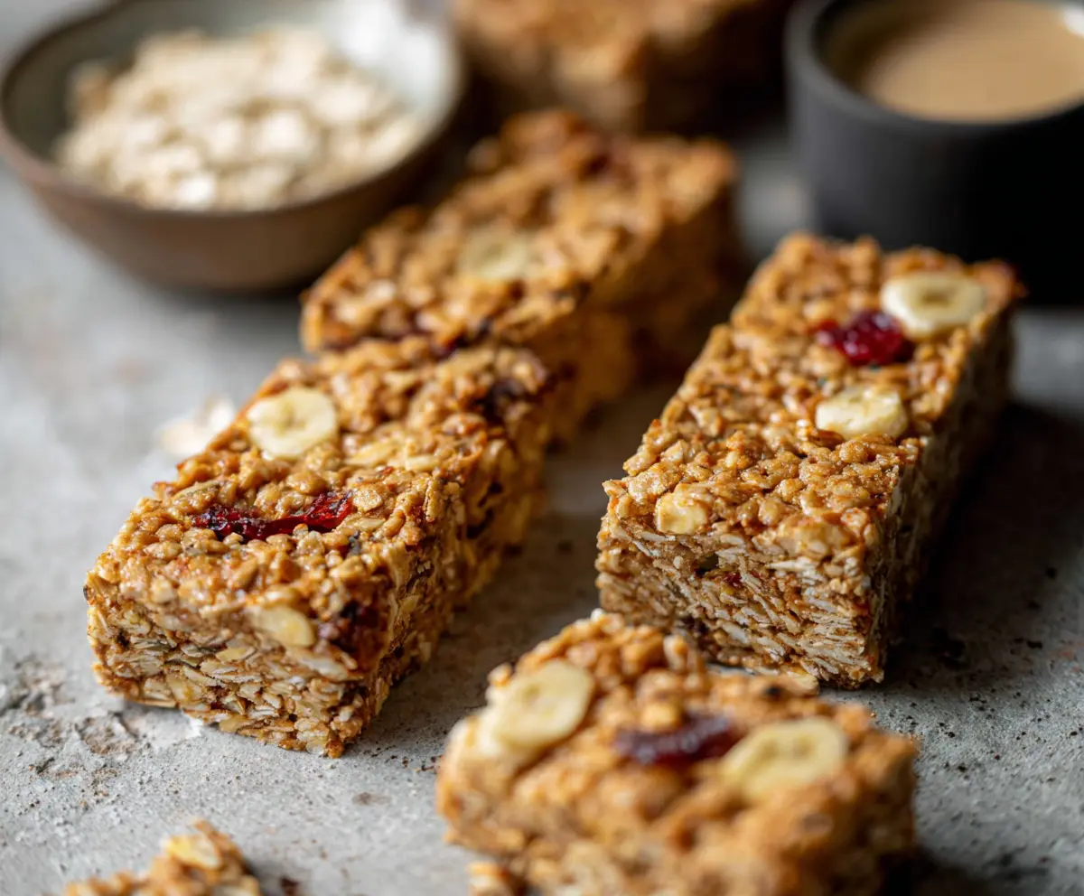 Homemade breakfast bars with oats, nuts, and dried fruits on a wooden table.