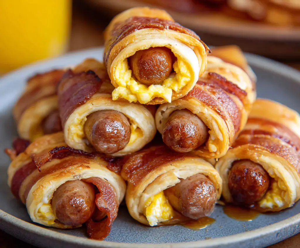 Delicious breakfast pigs in a blanket with golden-brown dough and savory sausage filling.