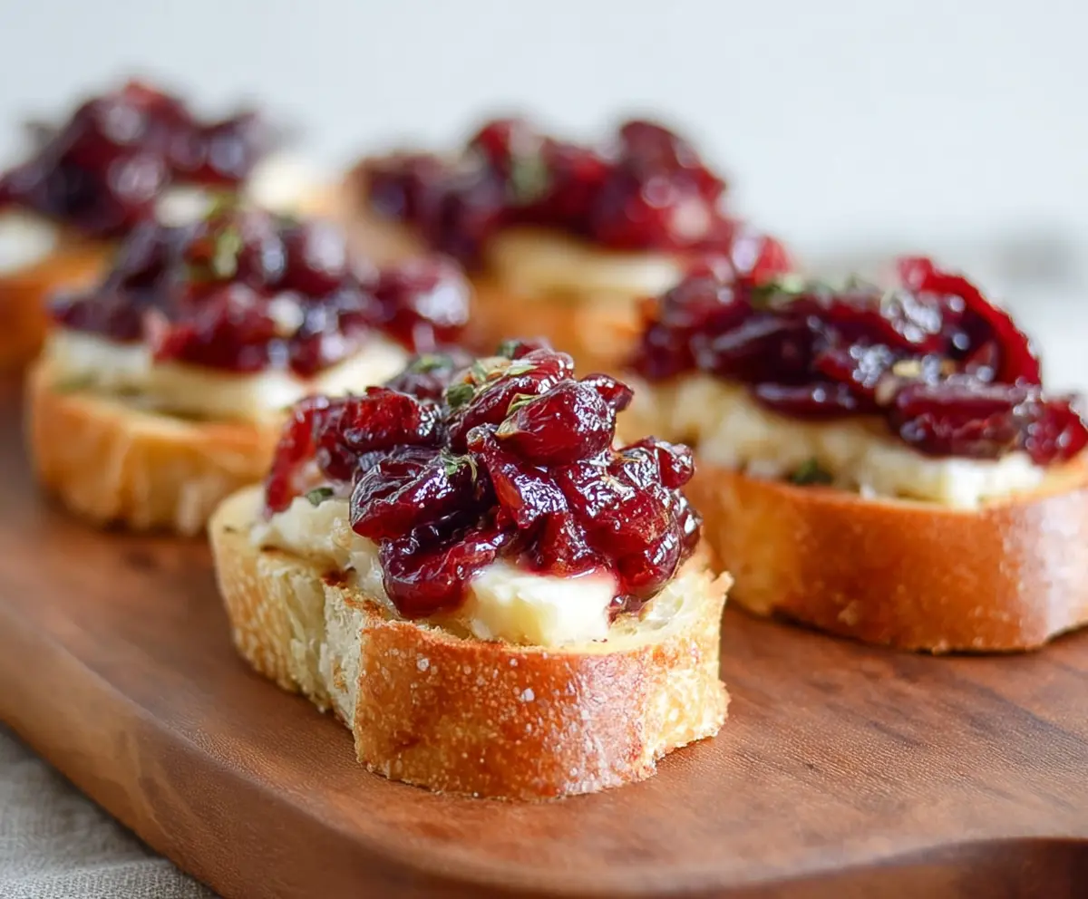 Delicious Brie and Cranberry Crostini appetizer served on a wooden platter