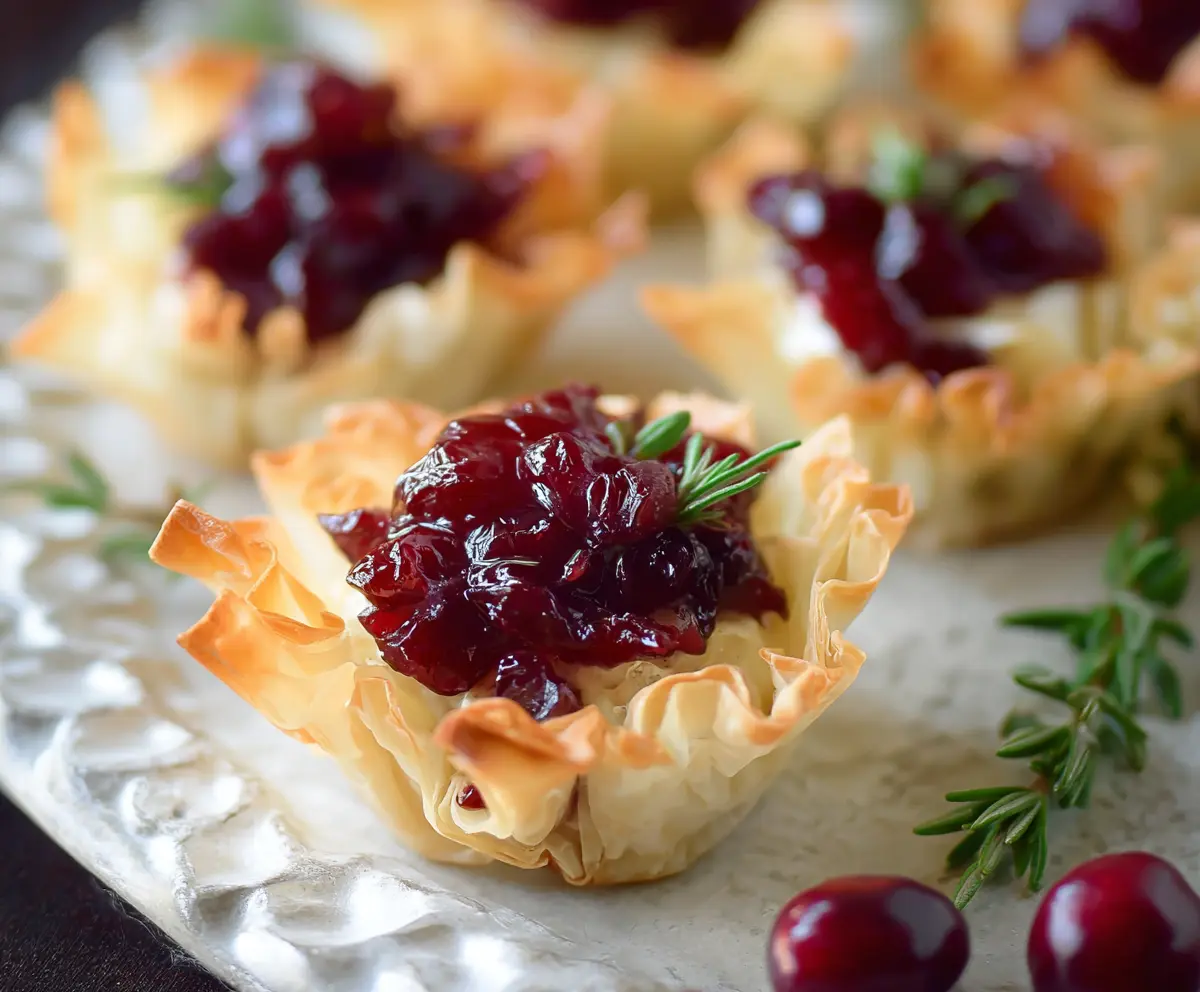 Delicious Brie Cranberry Phyllo Cups topped with fresh cranberries and herbs, perfect for appetizers.