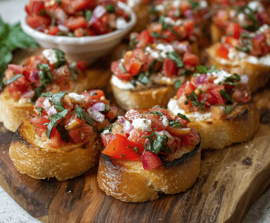 Delicious Bruschetta Bites with fresh tomatoes, basil, and melted cheese on toasted baguette slices.