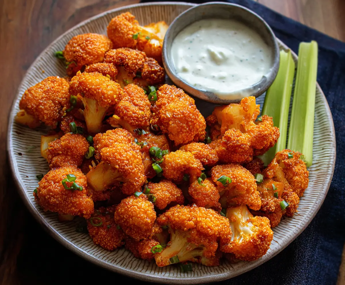 Crispy buffalo cauliflower bites served with a side of ranch dipping sauce.