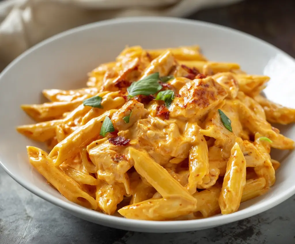 Creamy Buffalo Chicken Alfredo Penne topped with melted cheese and fresh herbs, served in a white bowl.