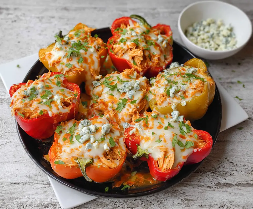 Buffalo chicken stuffed peppers recipe with spicy chicken filling in colorful bell peppers