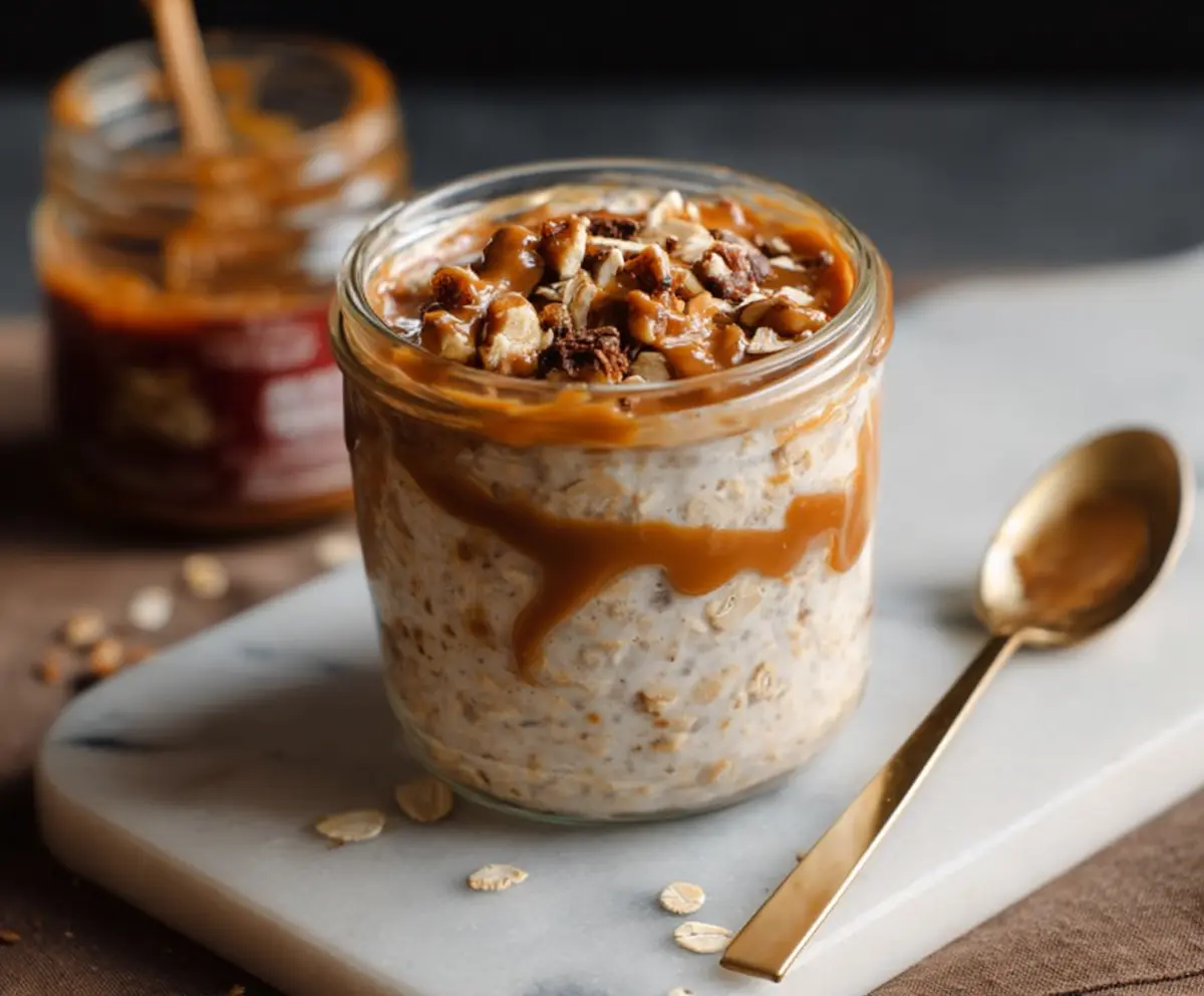 Creamy Caramel Macchiato Overnight Oats in a glass jar topped with caramel drizzle and coffee beans.