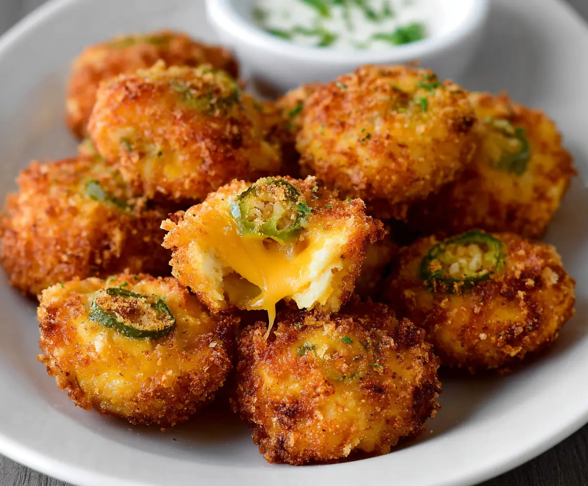 Delicious Cheddar Jalapeno Bites served on a platter, featuring crispy golden exterior and spicy jalapenos inside.
