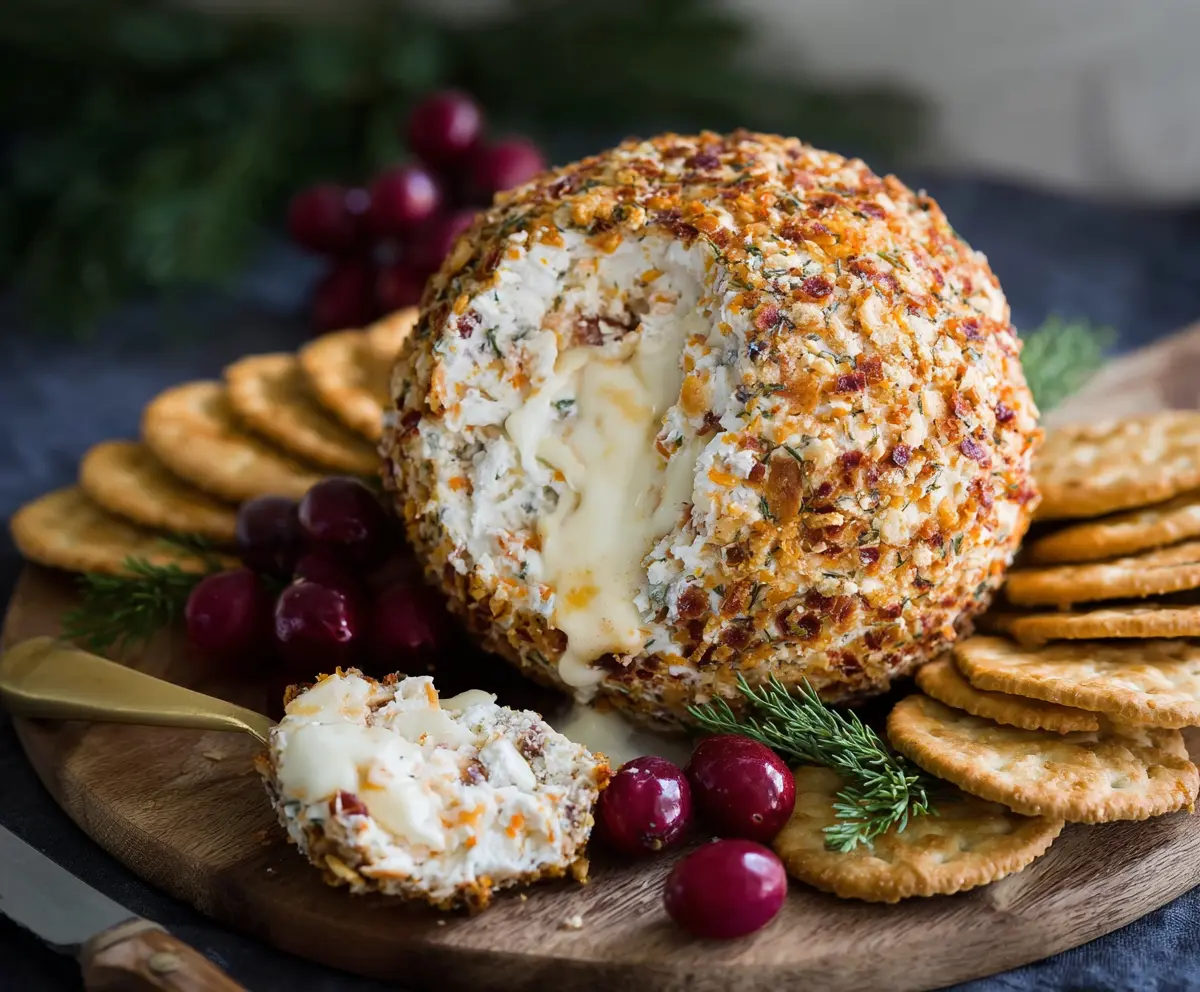 Creamy cheese ball appetizer garnished with herbs, perfect for parties.
