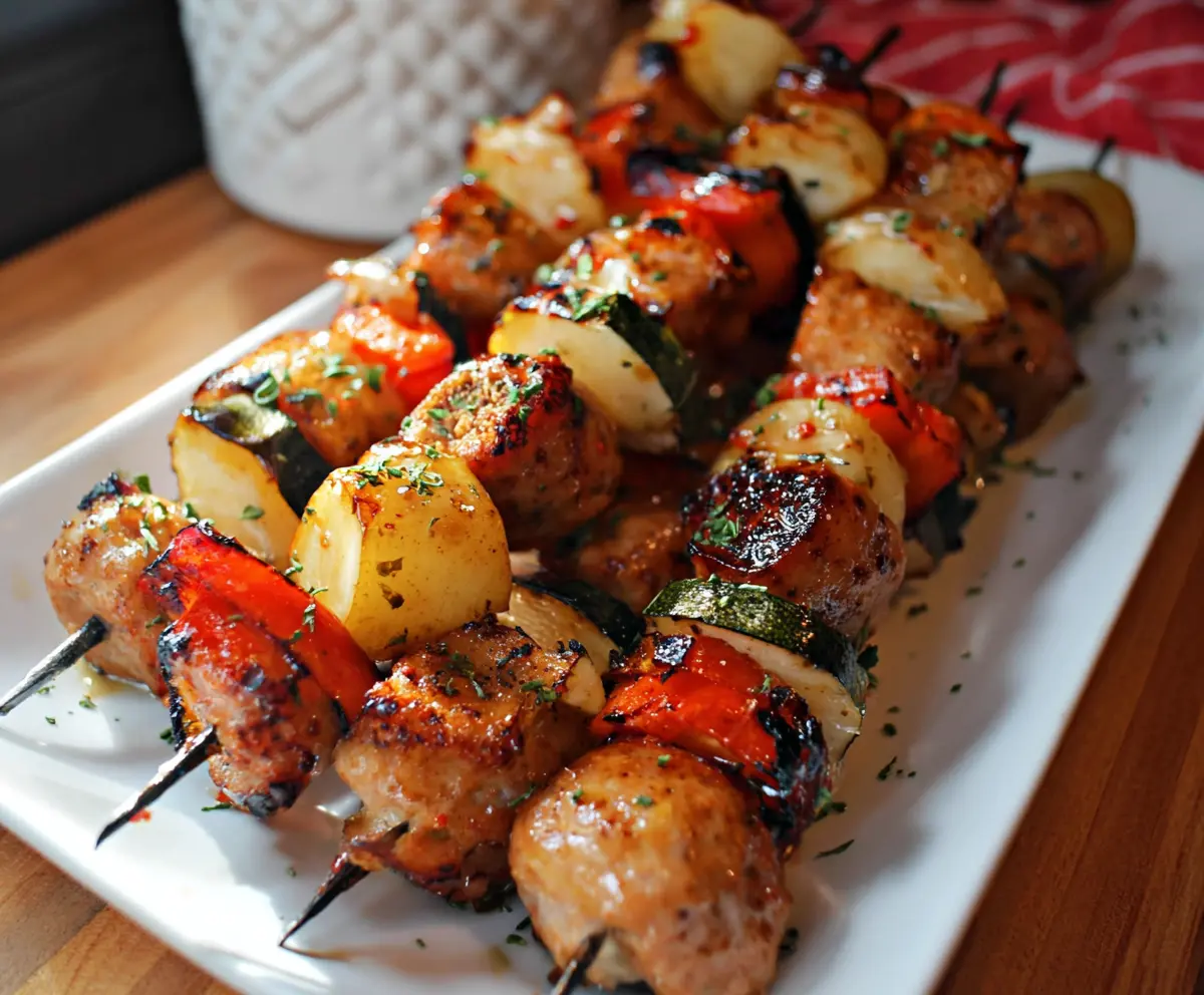 Delicious chicken apple sausage skewers grilled to perfection with fresh vegetables.