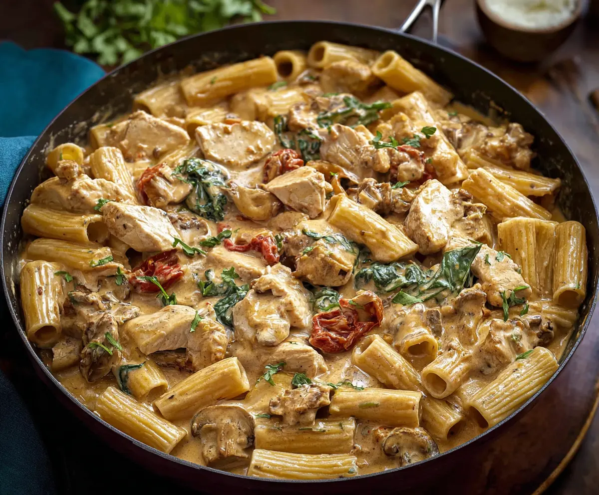 Creamy Tuscan chicken pasta with spinach, sun-dried tomatoes, and Parmesan cheese on a plate.