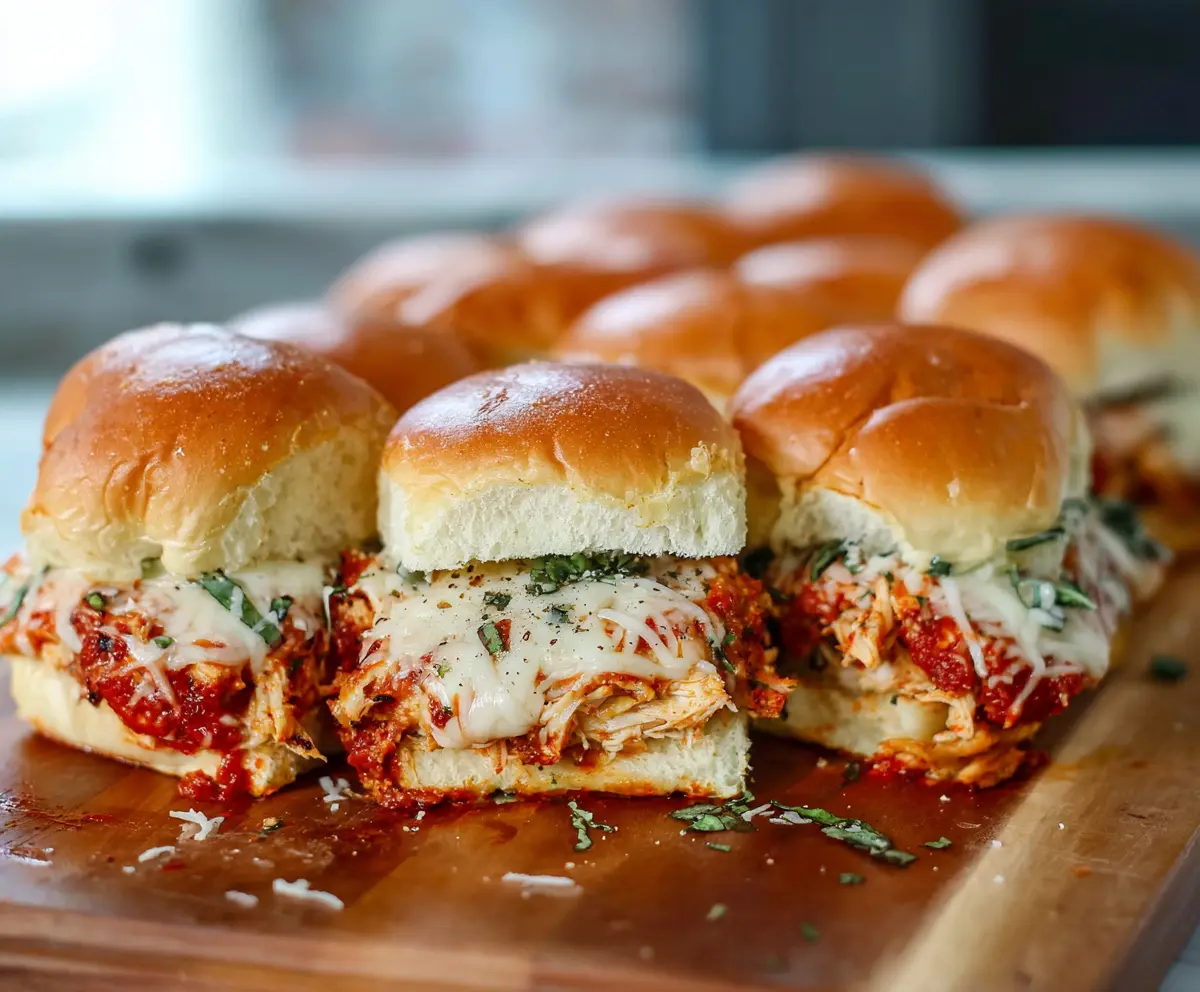 Delicious Chicken Parm Sliders with crispy breaded chicken, melted cheese, and marinara sauce on slider buns.