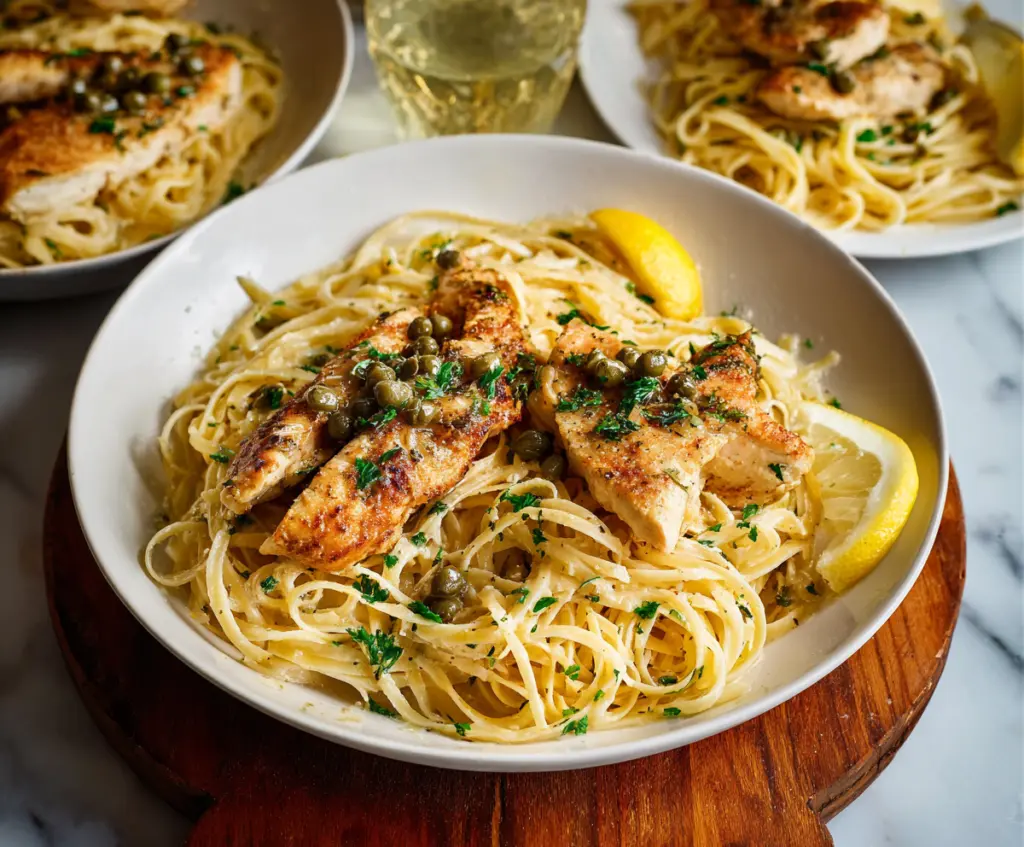 Delicious Chicken Piccata Pasta garnished with fresh herbs on a plate.