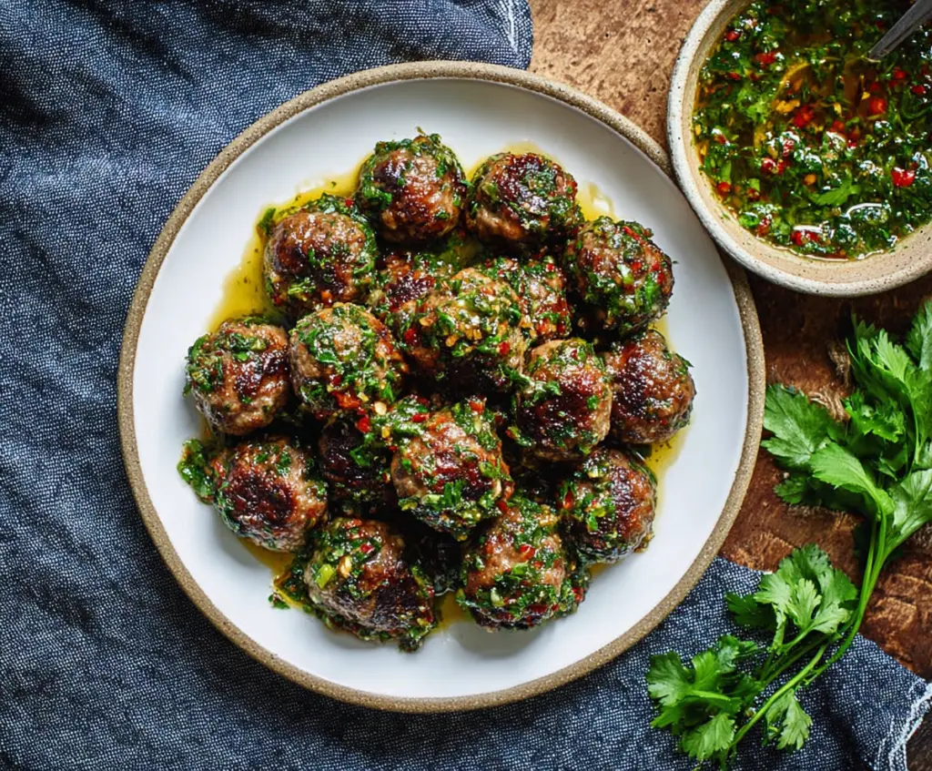 Delicious chimichurri meatballs garnished with fresh herbs on a plate