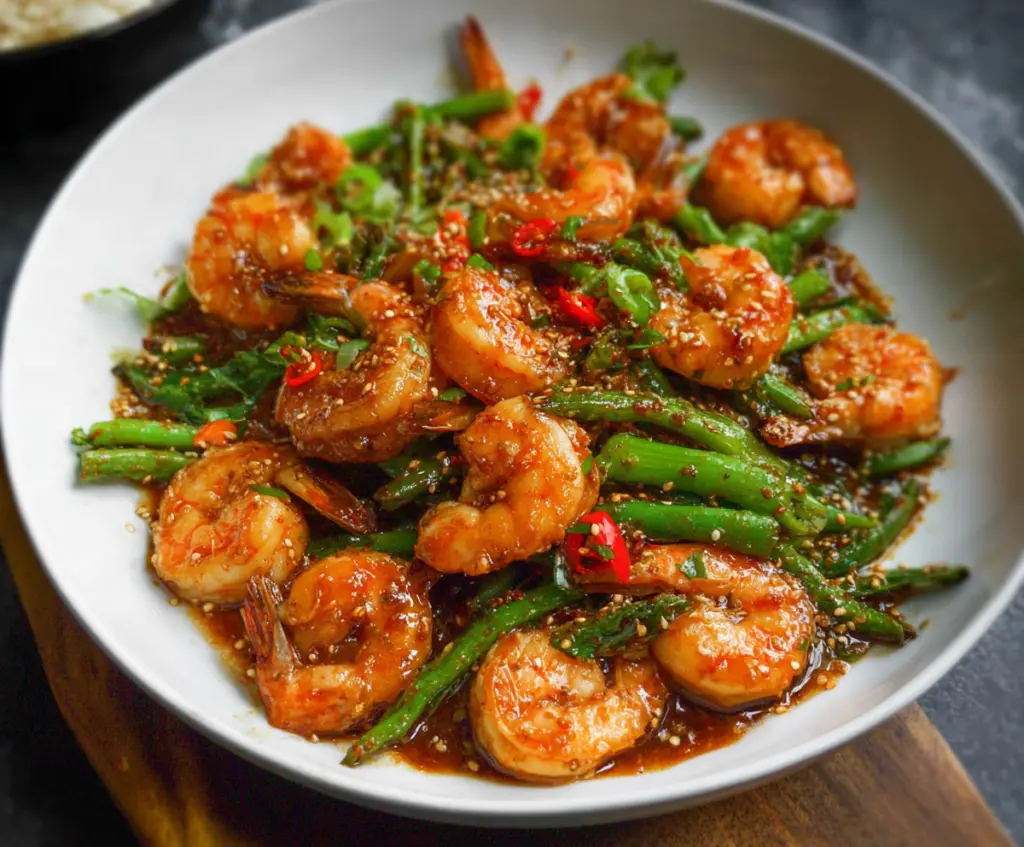 Delicious Chinese Hunan Shrimp stir-fry with spicy sauce and fresh vegetables