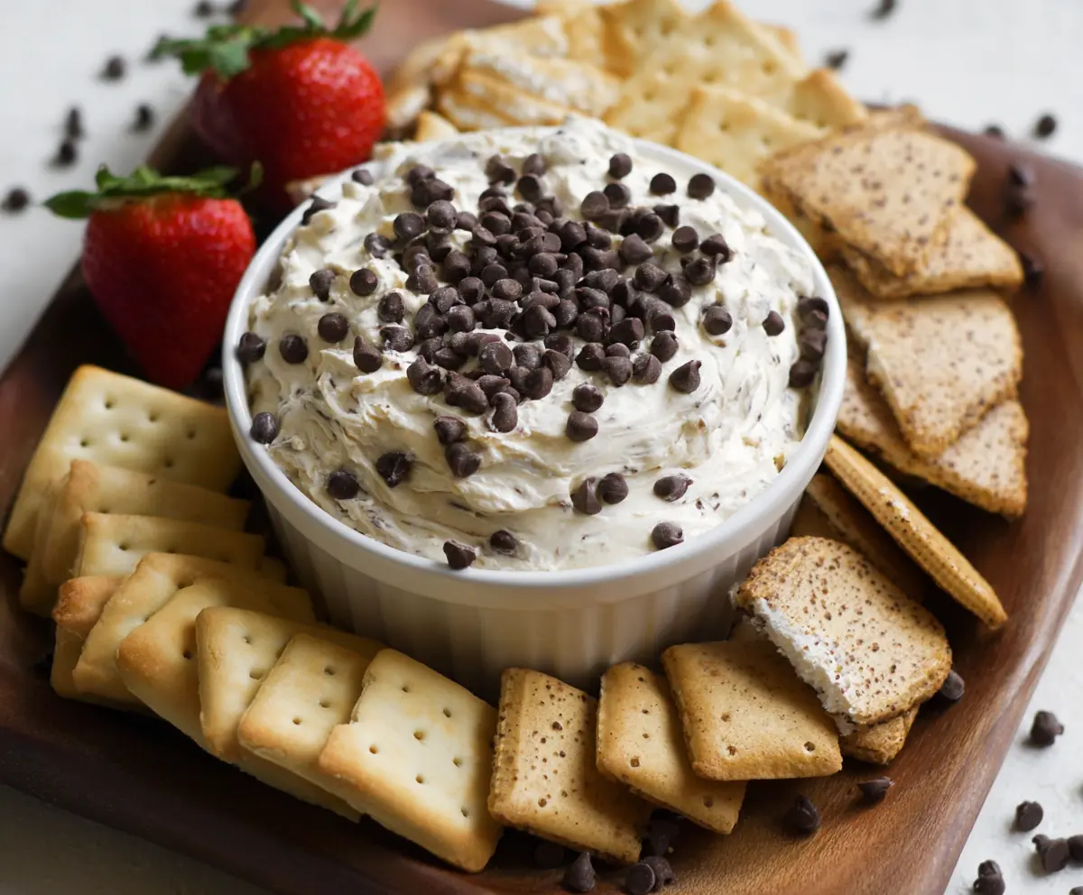 Delicious chocolate chip cream cheese dip served with fresh fruit and cookies for a sweet snack.